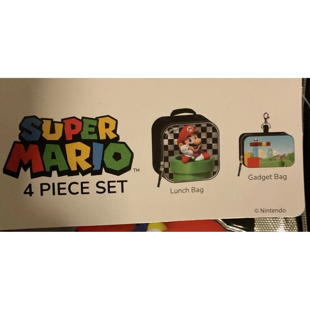 Super Mario Bros Backpack 4pcs Lunch Bag Lanyard Gadget Case Luigi Mario Set 17" - Picture 5 of 13